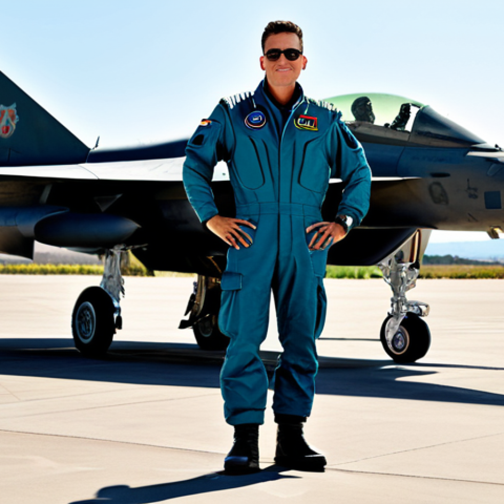 **
"A professional pilot in a modest flight suit standing in front of a modern fighter jet at Monte Real Air Base, fully clothed, appropriate attire, safe for work, perfect anatomy, correct proportions, natural pose, professional photography, high quality, family-friendly."
**