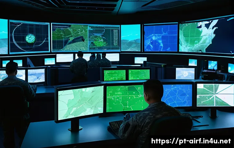 공군의 대공 방어 전략 - A highly detailed scene of an advanced air defense command center in operation, featuring multiple l...