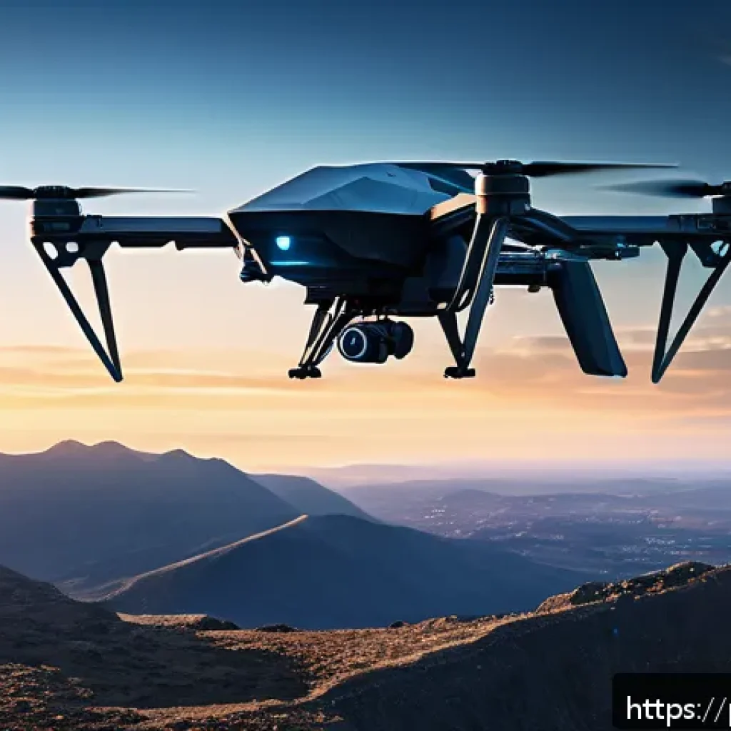 공군의 무인전투기 시나리오 - A highly detailed futuristic combat drone flying over a rugged mountainous battlefield at dusk, equi...