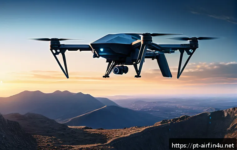 공군의 무인전투기 시나리오 - A highly detailed futuristic combat drone flying over a rugged mountainous battlefield at dusk, equi...
