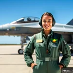 Home 19 공군의 여성 조종사 채용 - A confident Brazilian female military pilot in full flight suit and helmet, standing next to a moder...