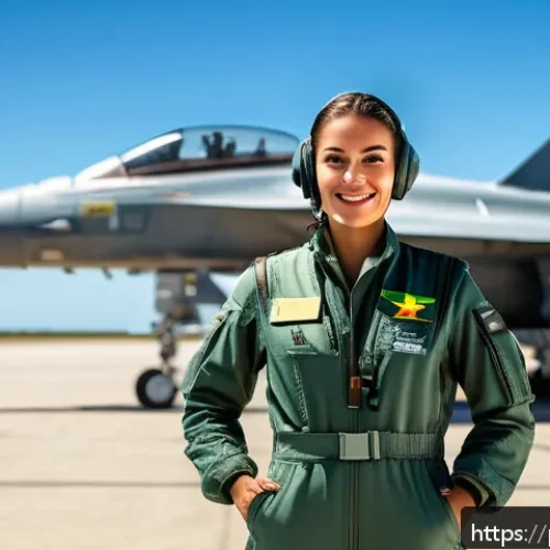 Home 31 공군의 여성 조종사 채용 - A confident Brazilian female military pilot in full flight suit and helmet, standing next to a moder...