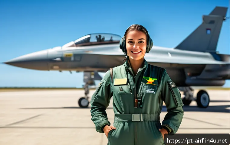 공군의 여성 조종사 채용 - A confident Brazilian female military pilot in full flight suit and helmet, standing next to a moder...