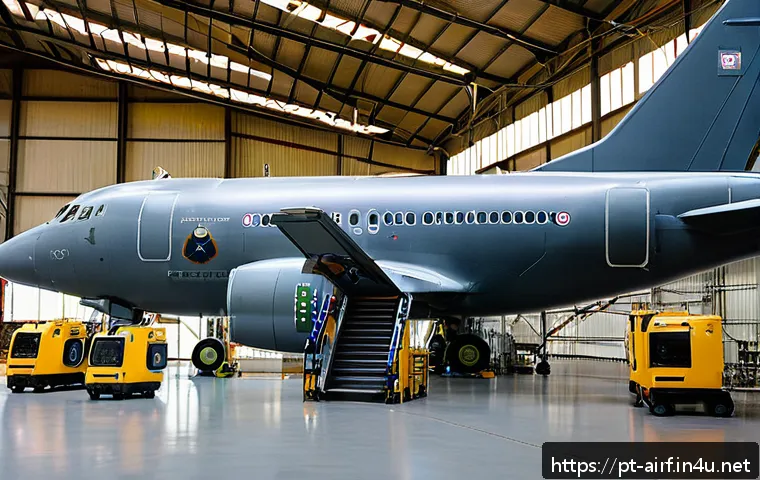 공군의 공군 정비병 역할 - A detailed scene inside a modern military aircraft maintenance hangar in Brazil, showcasing a skille...